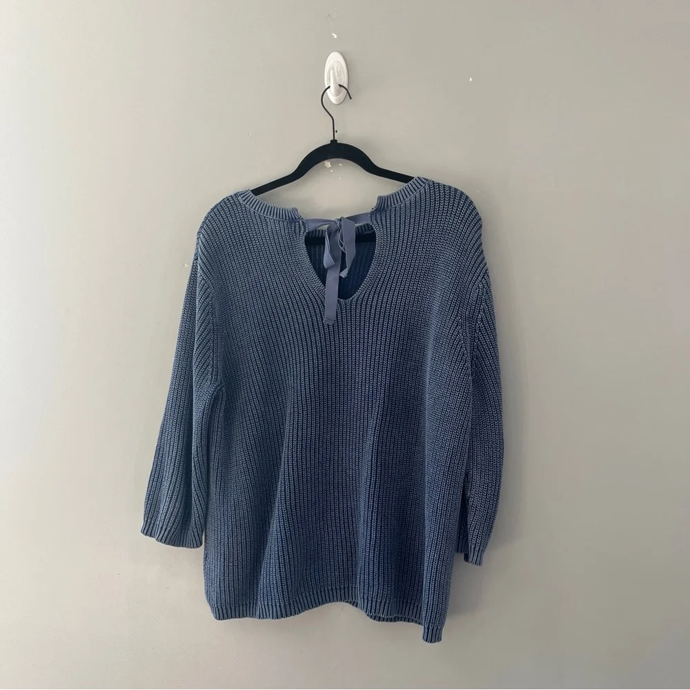 Caslon Blue Cotton Sweater Pullover Tie Neck Coastal Womens Size Large L